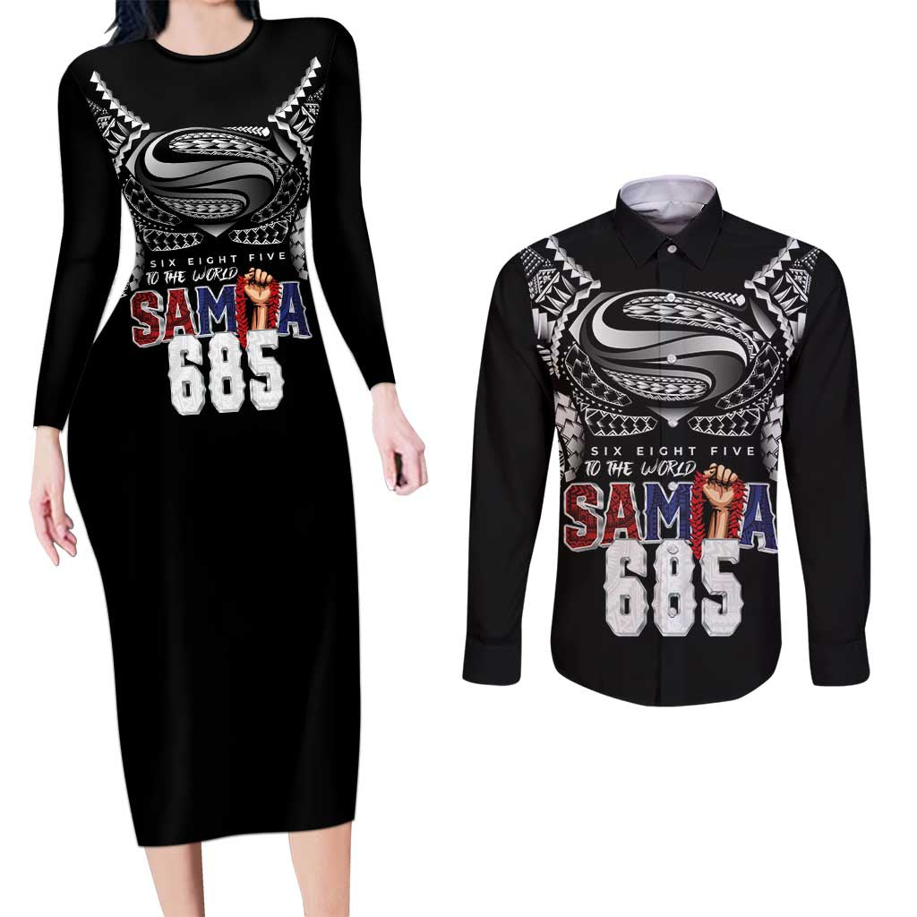 Super Samoa-Six Eight Five to The World Couples Matching Long Sleeve Bodycon Dress and Long Sleeve Button Shirt Traditional Samoan Tattoo Black Color