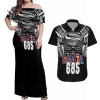 Super Samoa-Six Eight Five to The World Couples Matching Off Shoulder Maxi Dress and Hawaiian Shirt Traditional Samoan Tattoo Black Color