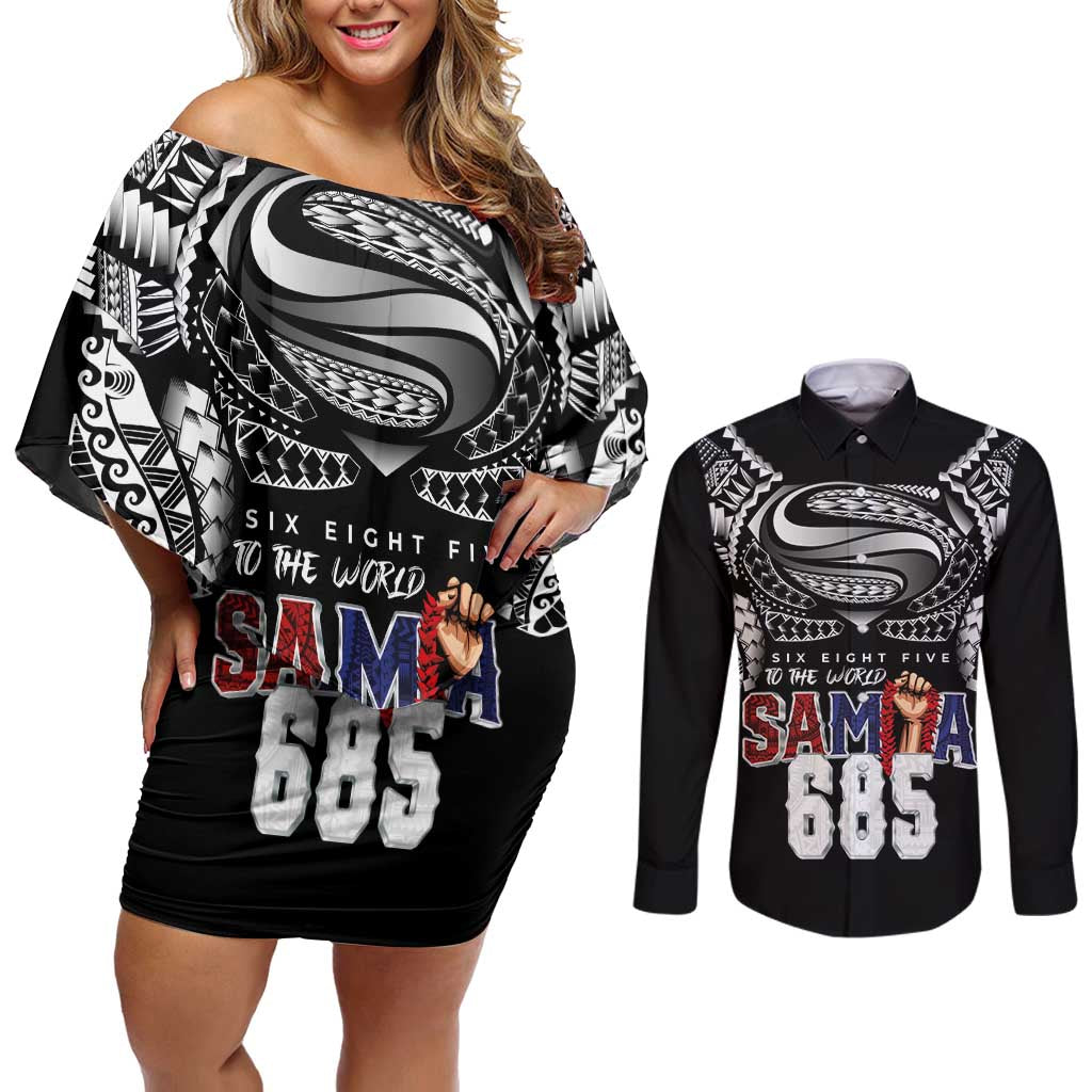 Super Samoa-Six Eight Five to The World Couples Matching Off Shoulder Short Dress and Long Sleeve Button Shirt Traditional Samoan Tattoo Black Color LT03 Black - Polynesian Pride