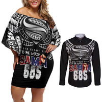 Super Samoa-Six Eight Five to The World Couples Matching Off Shoulder Short Dress and Long Sleeve Button Shirt Traditional Samoan Tattoo Black Color LT03 Black - Polynesian Pride