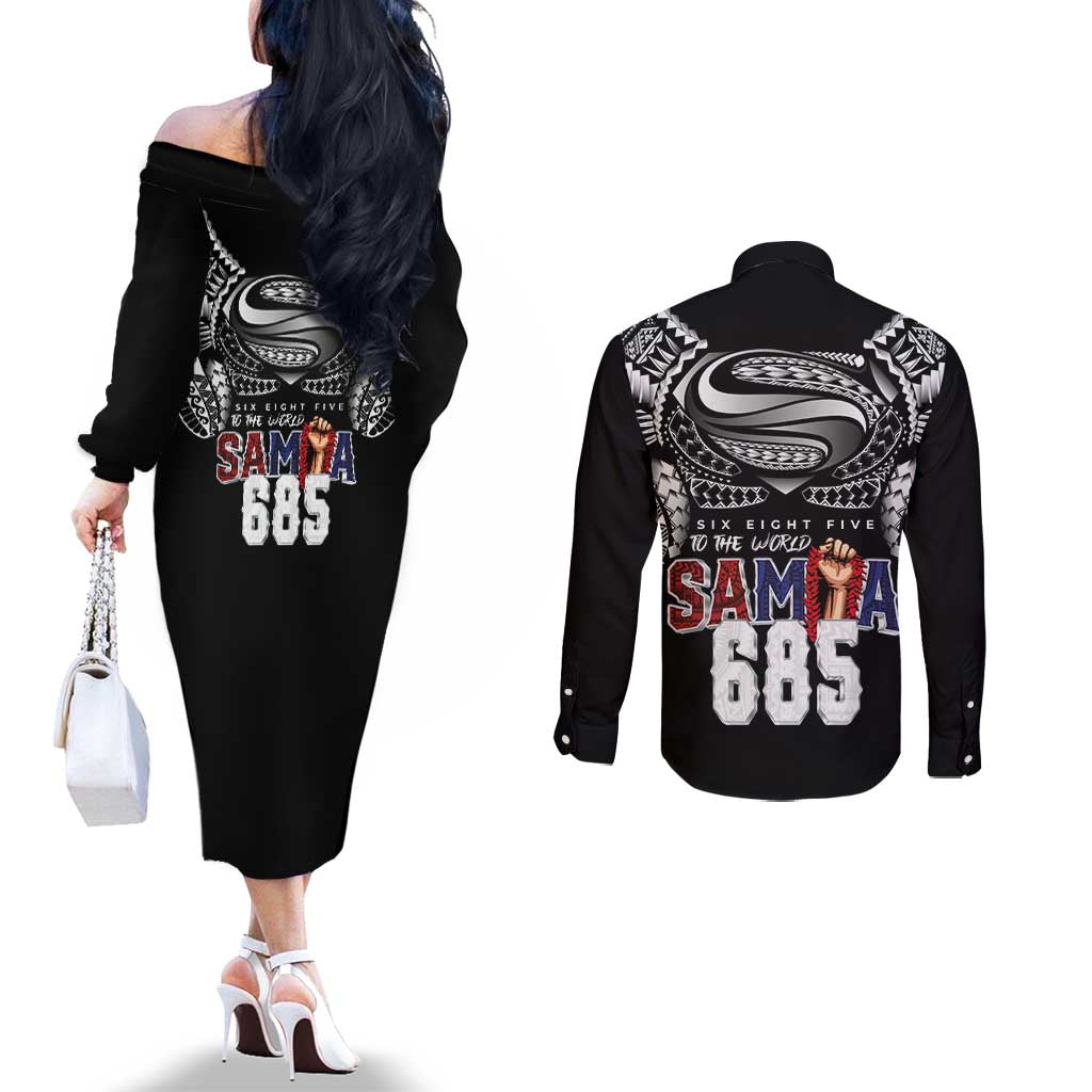 Super Samoa-Six Eight Five to The World Couples Matching Off The Shoulder Long Sleeve Dress and Long Sleeve Button Shirt Traditional Samoan Tattoo Black Color