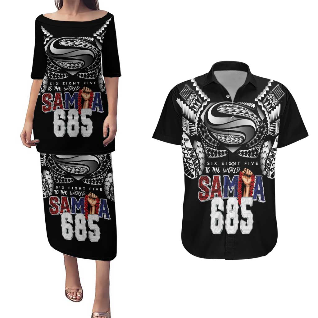 Super Samoa-Six Eight Five to The World Couples Matching Puletasi and Hawaiian Shirt Traditional Samoan Tattoo Black Color LT03 Black - Polynesian Pride