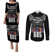 Super Samoa-Six Eight Five to The World Couples Matching Puletasi and Long Sleeve Button Shirt Traditional Samoan Tattoo Black Color LT03 Black - Polynesian Pride