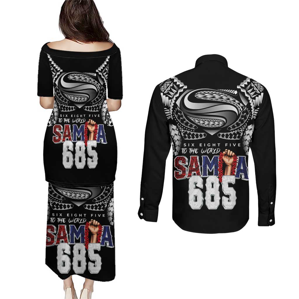 Super Samoa-Six Eight Five to The World Couples Matching Puletasi and Long Sleeve Button Shirt Traditional Samoan Tattoo Black Color LT03 - Polynesian Pride