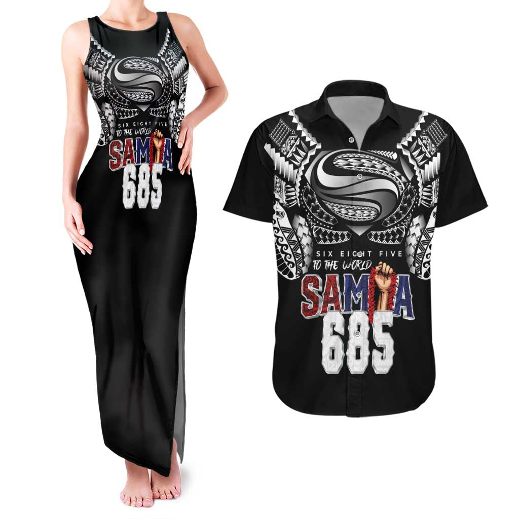 Super Samoa-Six Eight Five to The World Couples Matching Tank Maxi Dress and Hawaiian Shirt Traditional Samoan Tattoo Black Color