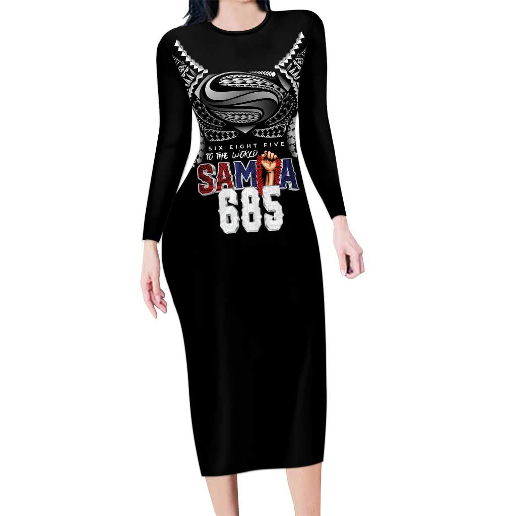 Super Samoa-Six Eight Five to The World Family Matching Long Sleeve Bodycon Dress and Hawaiian Shirt Traditional Samoan Tattoo Black Color LT03 Mom's Dress Black - Polynesian Pride