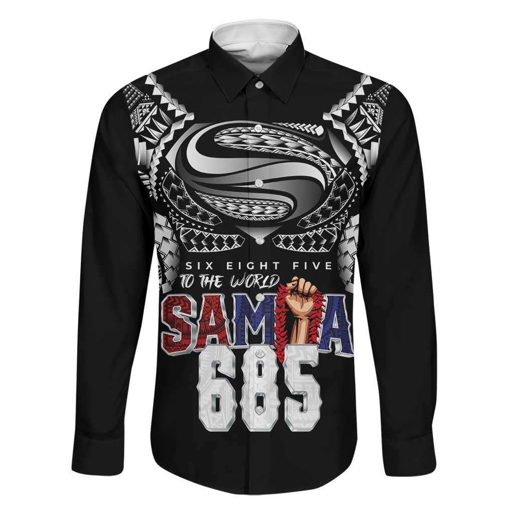 Super Samoa-Six Eight Five to The World Family Matching Puletasi and Hawaiian Shirt Traditional Samoan Tattoo Black Color LT03 Dad's Shirt - Long Sleeve Black - Polynesian Pride