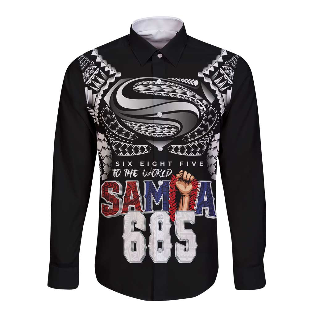 Super Samoa-Six Eight Five to The World Long Sleeve Button Shirt Traditional Samoan Tattoo Black Color