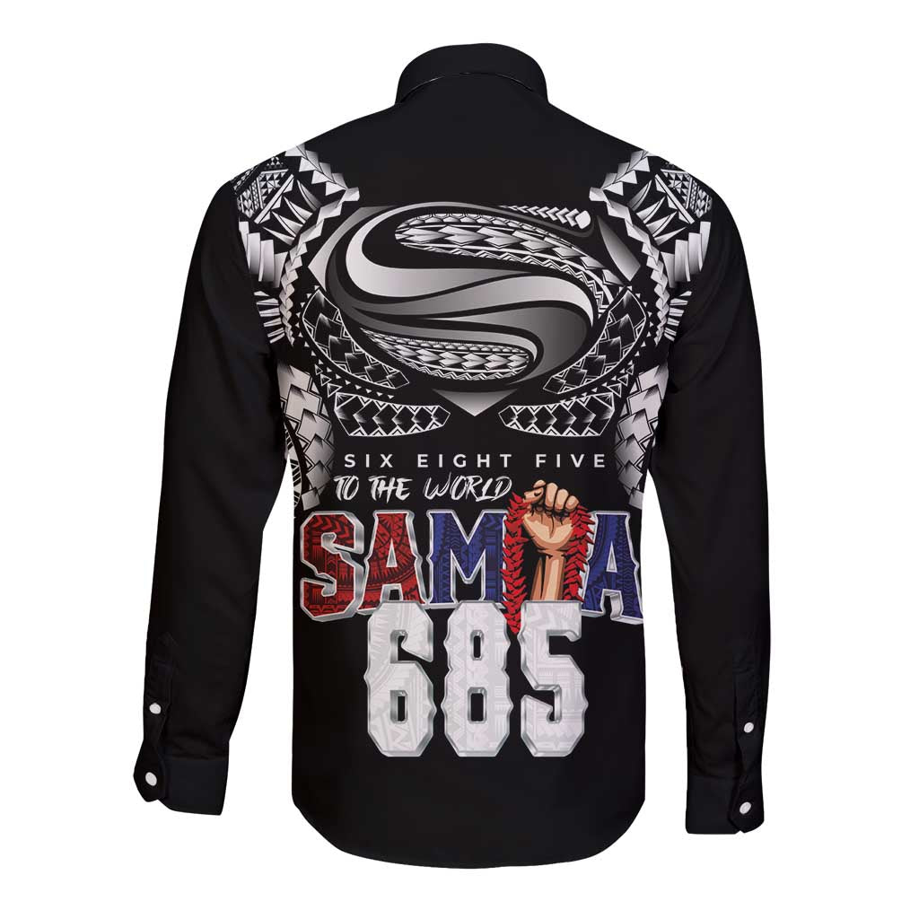 Super Samoa-Six Eight Five to The World Long Sleeve Button Shirt Traditional Samoan Tattoo Black Color