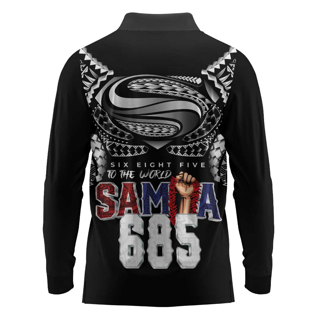 Super Samoa-Six Eight Five to The World Long Sleeve Polo Shirt Traditional Samoan Tattoo Black Color LT03 - Polynesian Pride