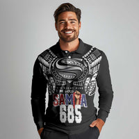 Super Samoa-Six Eight Five to The World Long Sleeve Polo Shirt Traditional Samoan Tattoo Black Color LT03 - Polynesian Pride