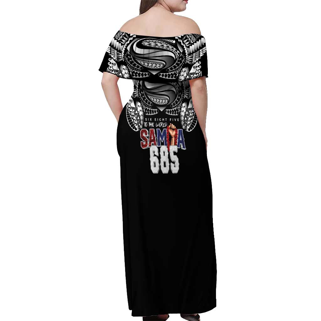 Super Samoa-Six Eight Five to The World Off Shoulder Maxi Dress Traditional Samoan Tattoo Black Color LT03 - Polynesian Pride