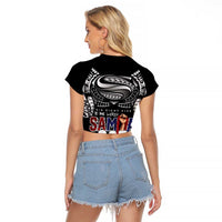 Super Samoa-Six Eight Five to The World Raglan Cropped T Shirt Traditional Samoan Tattoo Black Color LT03 - Polynesian Pride