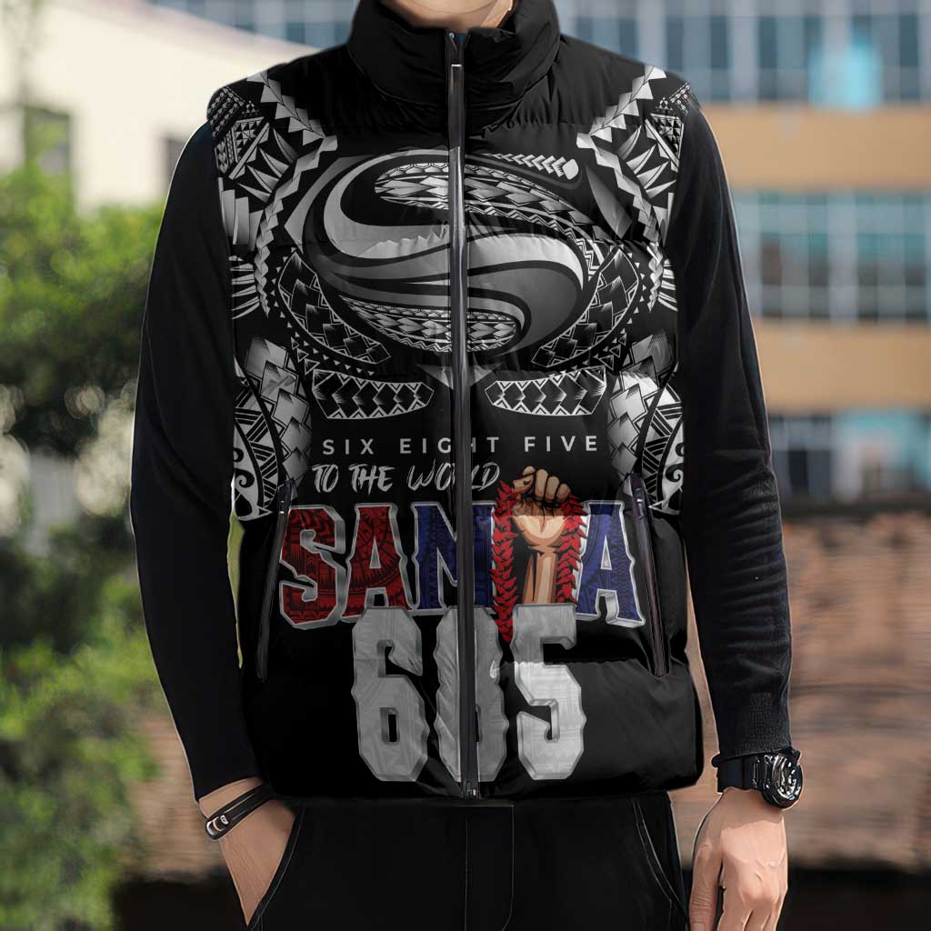 Super Samoa-Six Eight Five to The World Sleeveless Puffer Jacket Traditional Samoan Tattoo Black Color LT03 - Polynesian Pride