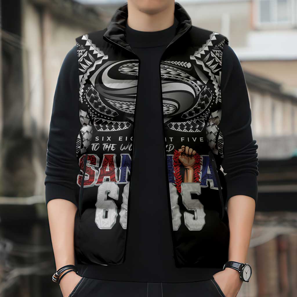 Super Samoa-Six Eight Five to The World Sleeveless Puffer Jacket Traditional Samoan Tattoo Black Color LT03 - Polynesian Pride