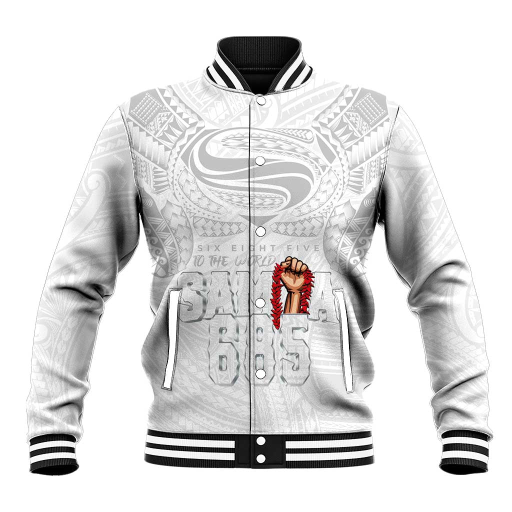 Super Samoa-Six Eight Five to The World Baseball Jacket Traditional Samoan Tattoo All White