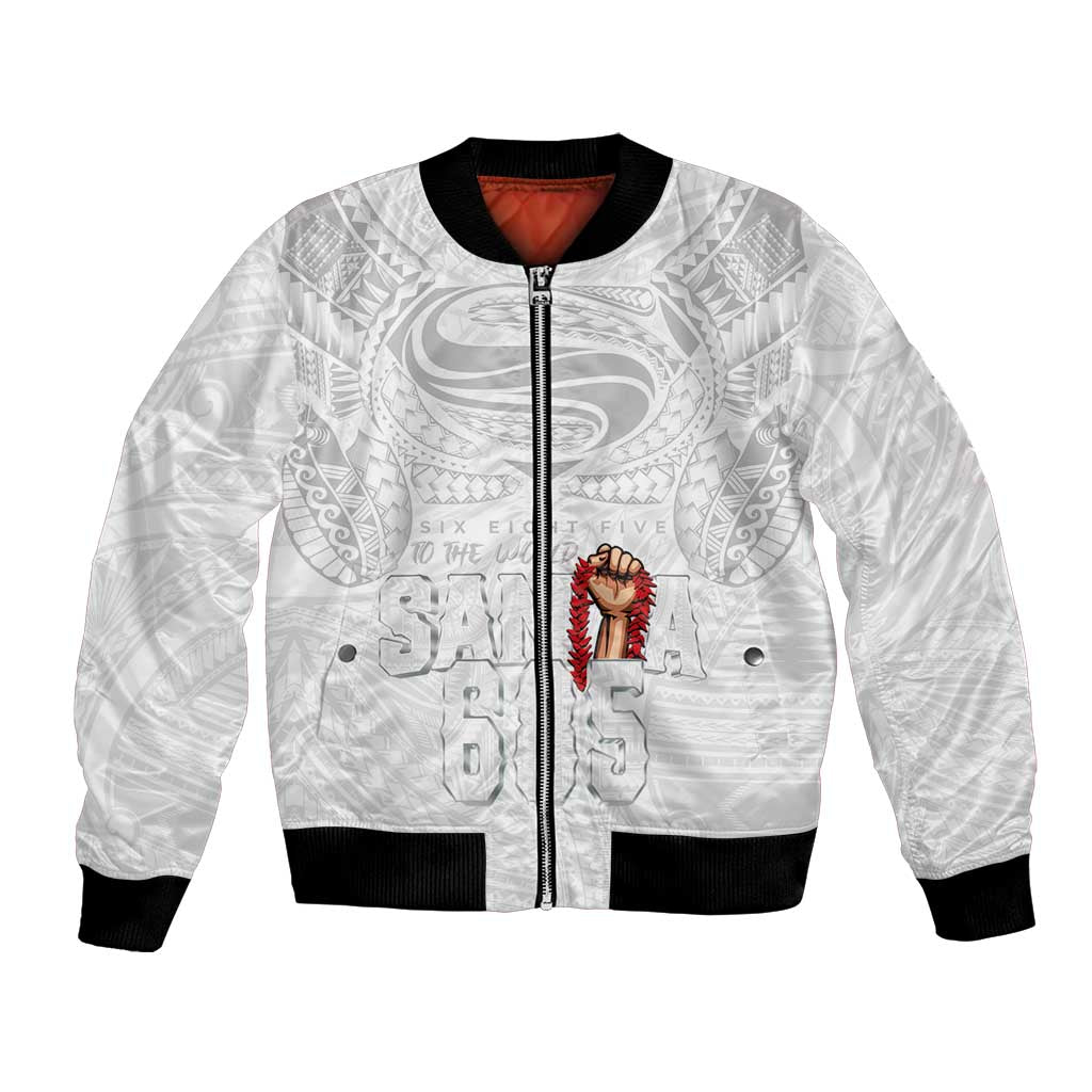 Super Samoa-Six Eight Five to The World Bomber Jacket Traditional Samoan Tattoo All White