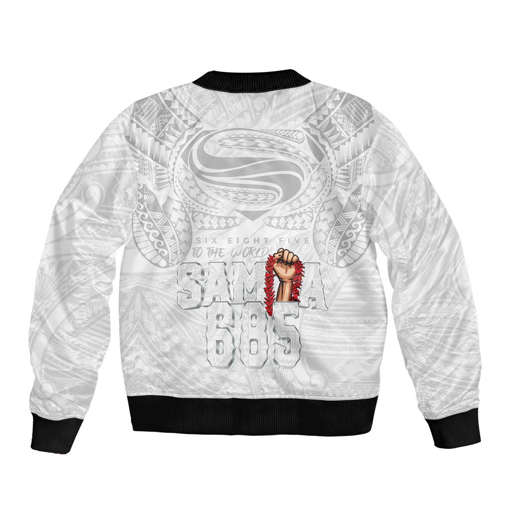 Super Samoa-Six Eight Five to The World Bomber Jacket Traditional Samoan Tattoo All White