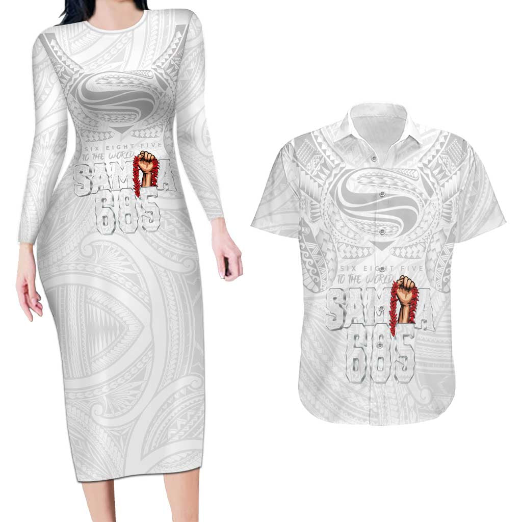 Super Samoa-Six Eight Five to The World Couples Matching Long Sleeve Bodycon Dress and Hawaiian Shirt Traditional Samoan Tattoo All White