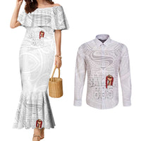 Super Samoa-Six Eight Five to The World Couples Matching Mermaid Dress and Long Sleeve Button Shirt Traditional Samoan Tattoo All White LT03 White - Polynesian Pride