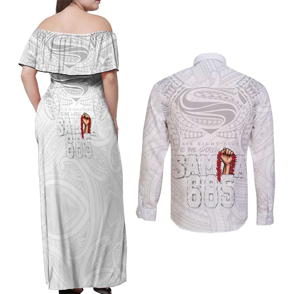 Super Samoa-Six Eight Five to The World Couples Matching Off Shoulder Maxi Dress and Long Sleeve Button Shirt Traditional Samoan Tattoo All White LT03 - Polynesian Pride