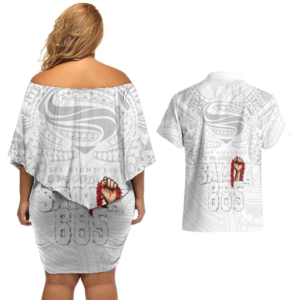 Super Samoa-Six Eight Five to The World Couples Matching Off Shoulder Short Dress and Hawaiian Shirt Traditional Samoan Tattoo All White LT03 - Polynesian Pride