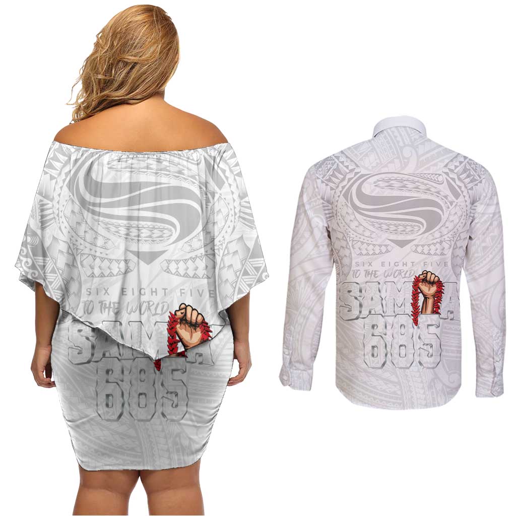 Super Samoa-Six Eight Five to The World Couples Matching Off Shoulder Short Dress and Long Sleeve Button Shirt Traditional Samoan Tattoo All White LT03 - Polynesian Pride