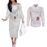 Super Samoa-Six Eight Five to The World Couples Matching Off The Shoulder Long Sleeve Dress and Long Sleeve Button Shirt Traditional Samoan Tattoo All White LT03 White - Polynesian Pride