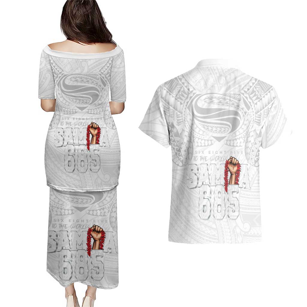 Super Samoa-Six Eight Five to The World Couples Matching Puletasi and Hawaiian Shirt Traditional Samoan Tattoo All White LT03 - Polynesian Pride