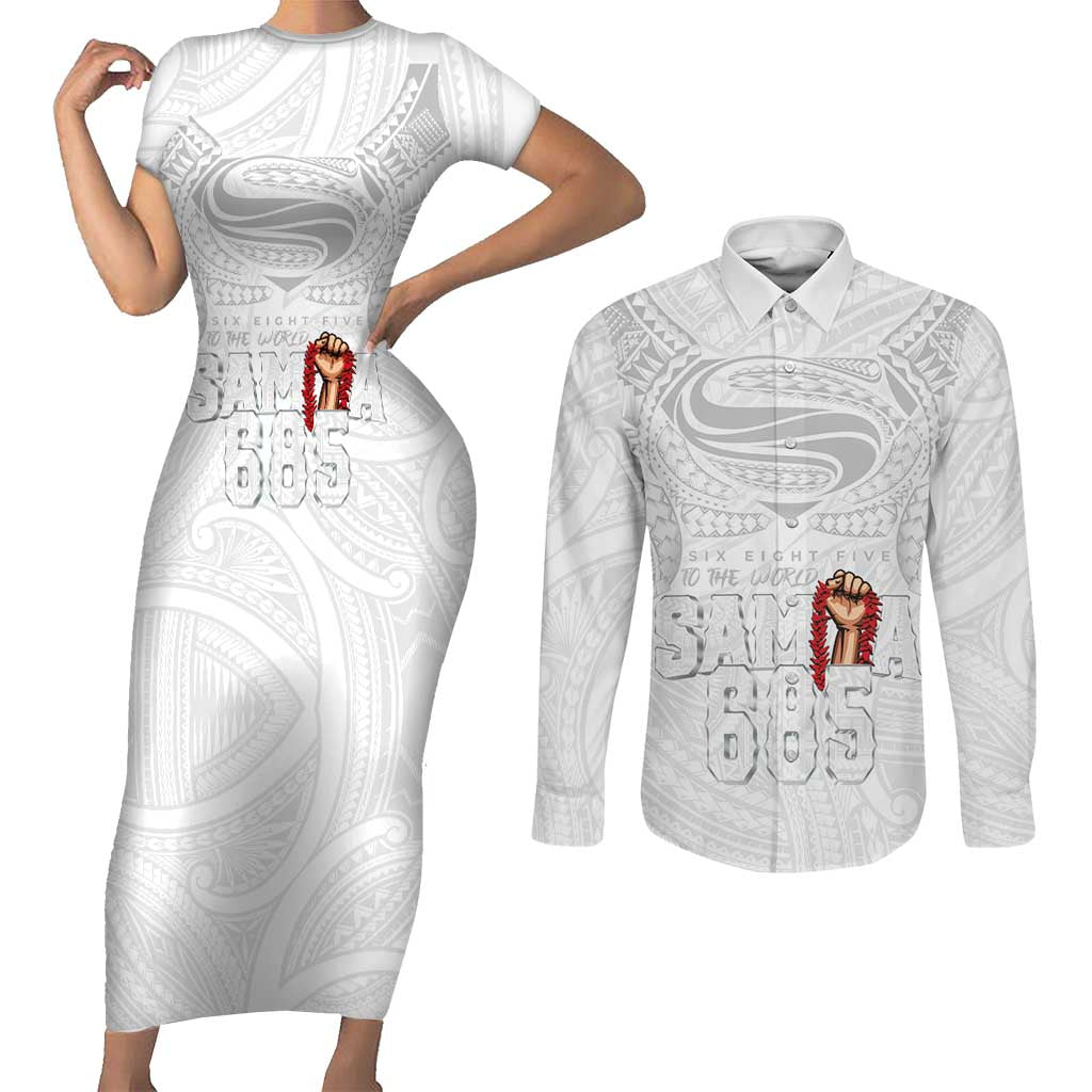 Super Samoa-Six Eight Five to The World Couples Matching Short Sleeve Bodycon Dress and Long Sleeve Button Shirt Traditional Samoan Tattoo All White