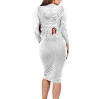 Super Samoa-Six Eight Five to The World Long Sleeve Bodycon Dress Traditional Samoan Tattoo All White