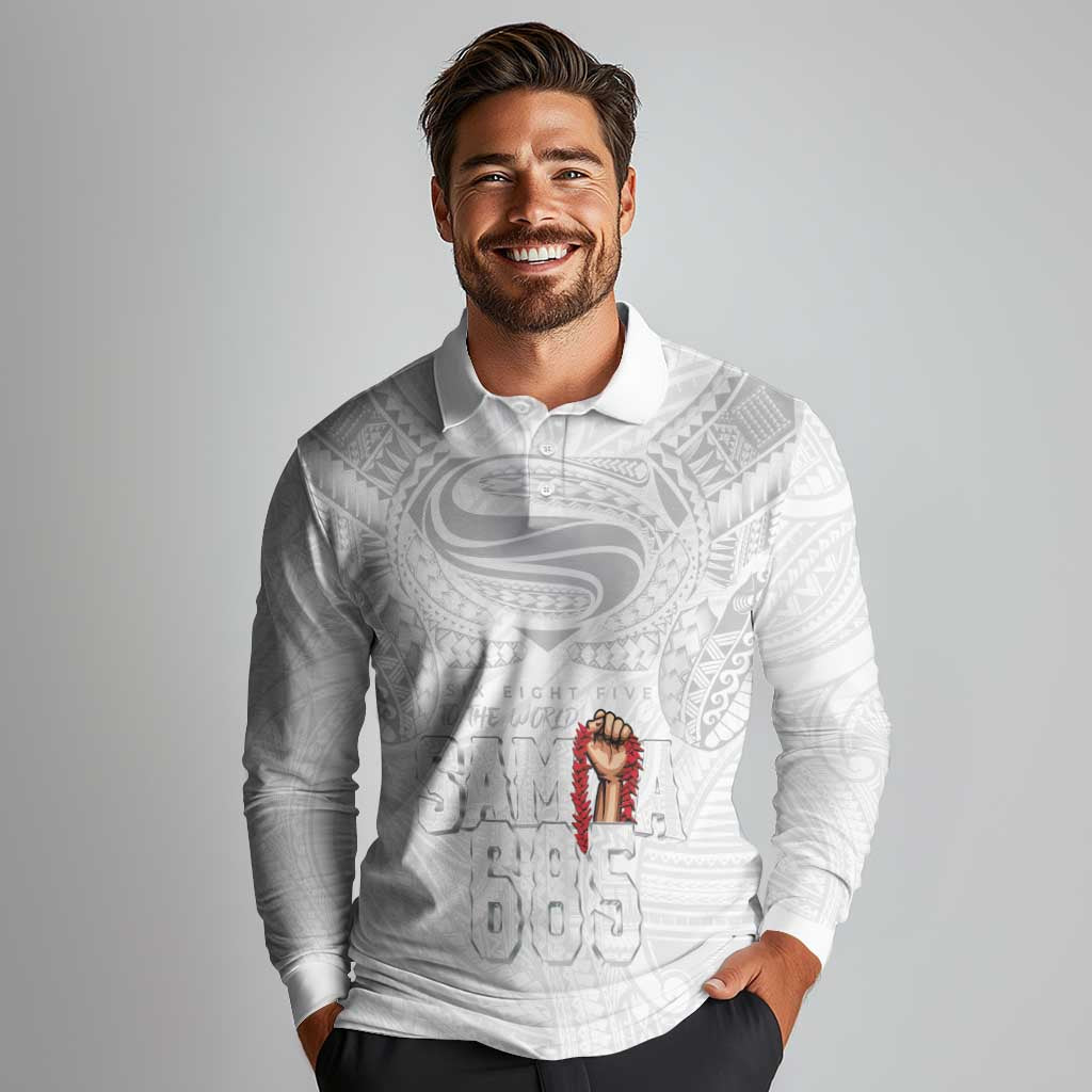 Super Samoa-Six Eight Five to The World Long Sleeve Polo Shirt Traditional Samoan Tattoo All White LT03 - Polynesian Pride