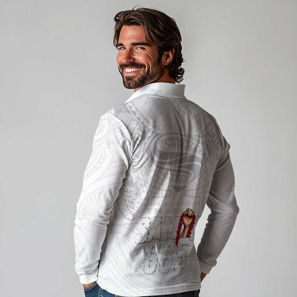 Super Samoa-Six Eight Five to The World Long Sleeve Polo Shirt Traditional Samoan Tattoo All White LT03 - Polynesian Pride