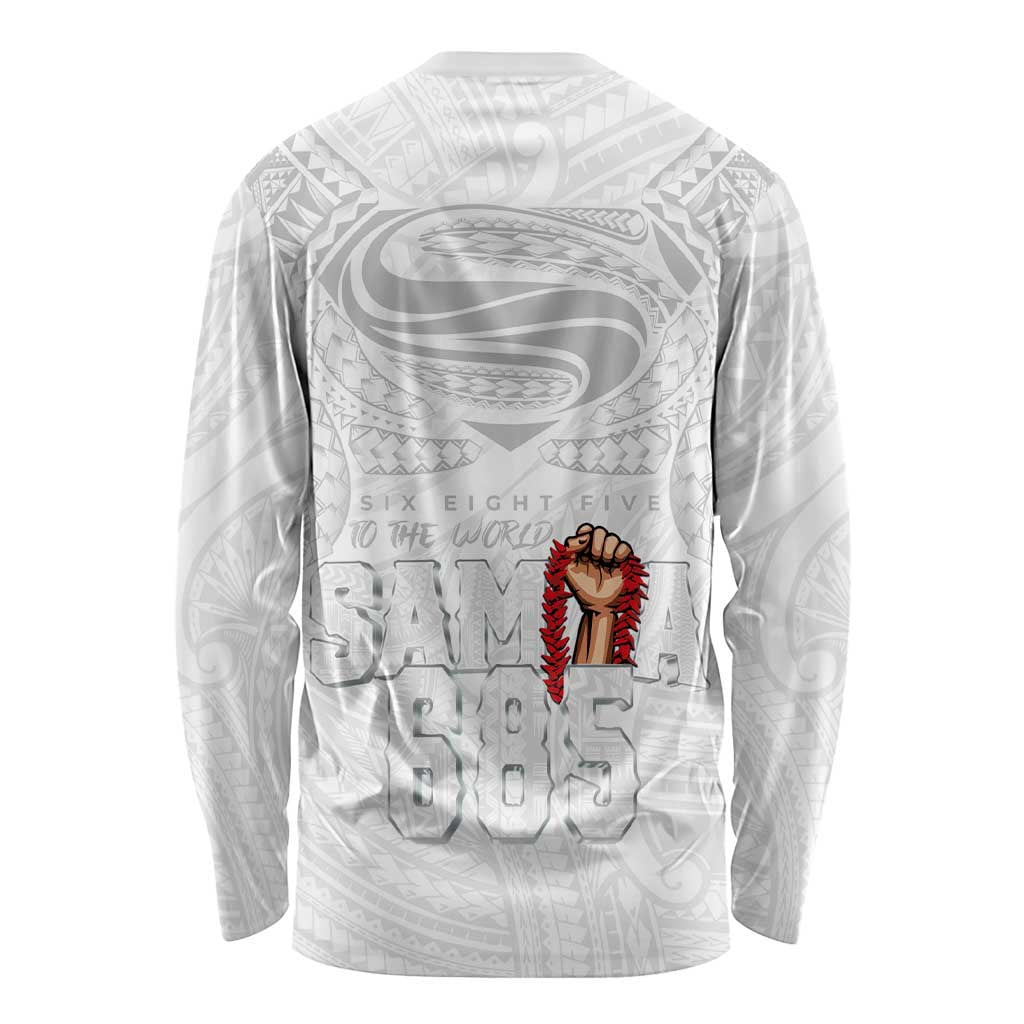 Super Samoa-Six Eight Five to The World Long Sleeve Shirt Traditional Samoan Tattoo All White