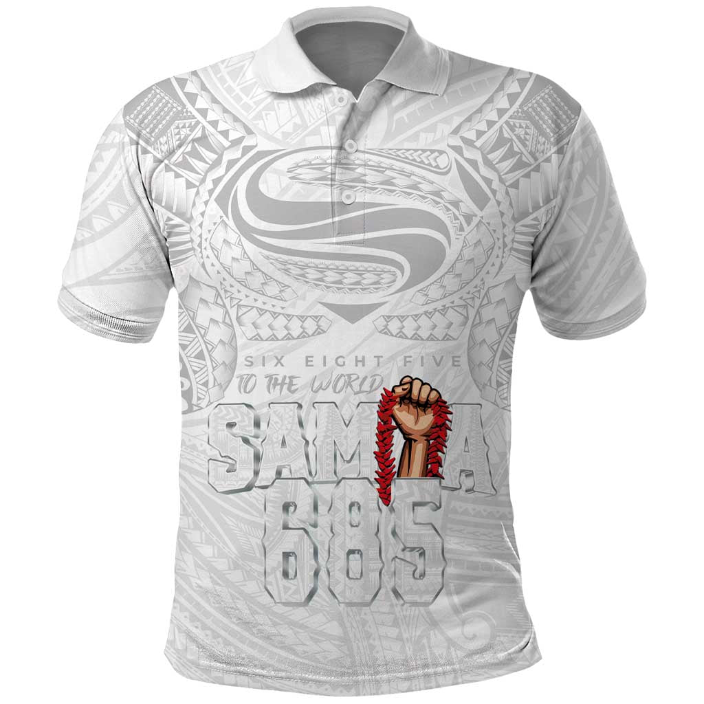 Super Samoa-Six Eight Five to The World Polo Shirt Traditional Samoan Tattoo All White