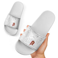 Super Samoa-Six Eight Five to The World Slide Sandals Traditional Samoan Tattoo All White