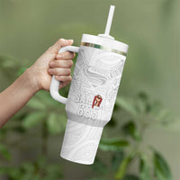Super Samoa-Six Eight Five to The World Tumbler With Handle Traditional Samoan Tattoo All White LT03 - Polynesian Pride