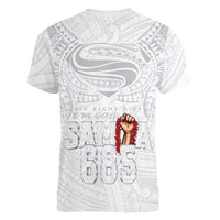 Super Samoa-Six Eight Five to The World Women V-Neck T-Shirt Traditional Samoan Tattoo All White LT03 - Polynesian Pride