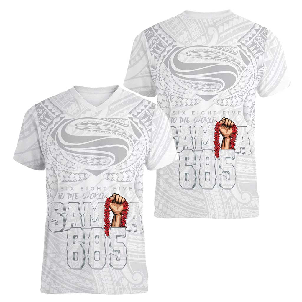 Super Samoa-Six Eight Five to The World Women V-Neck T-Shirt Traditional Samoan Tattoo All White LT03 - Polynesian Pride