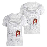 Super Samoa-Six Eight Five to The World Women V-Neck T-Shirt Traditional Samoan Tattoo All White LT03 - Polynesian Pride