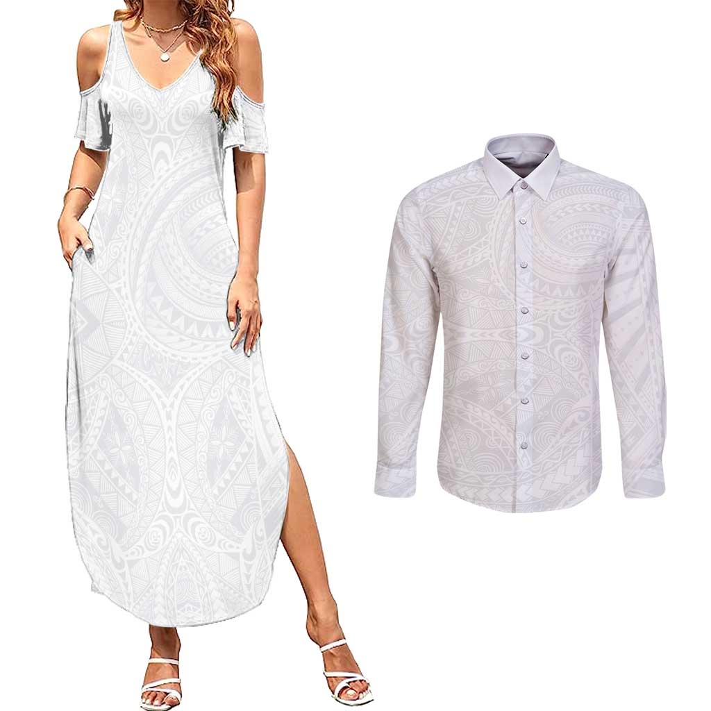Lotu Tamaiti Samoan Art Tattoo Polynesian Pattern Couples Matching Summer Maxi Dress and Long Sleeve Button Shirt LT03 White - Polynesian Pride