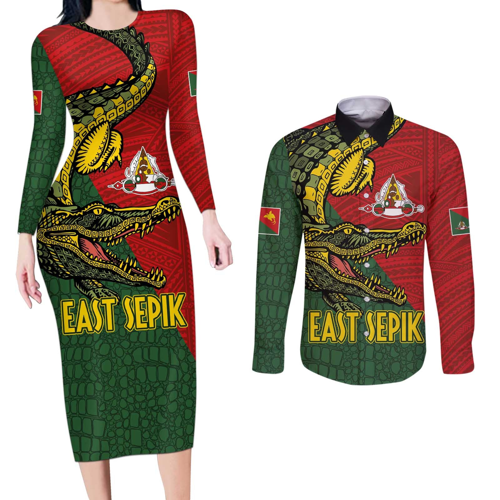 Sepik River Crocodile & Arts Festival Melanesian Pattern Couples Matching Long Sleeve Bodycon Dress and Long Sleeve Button Shirt