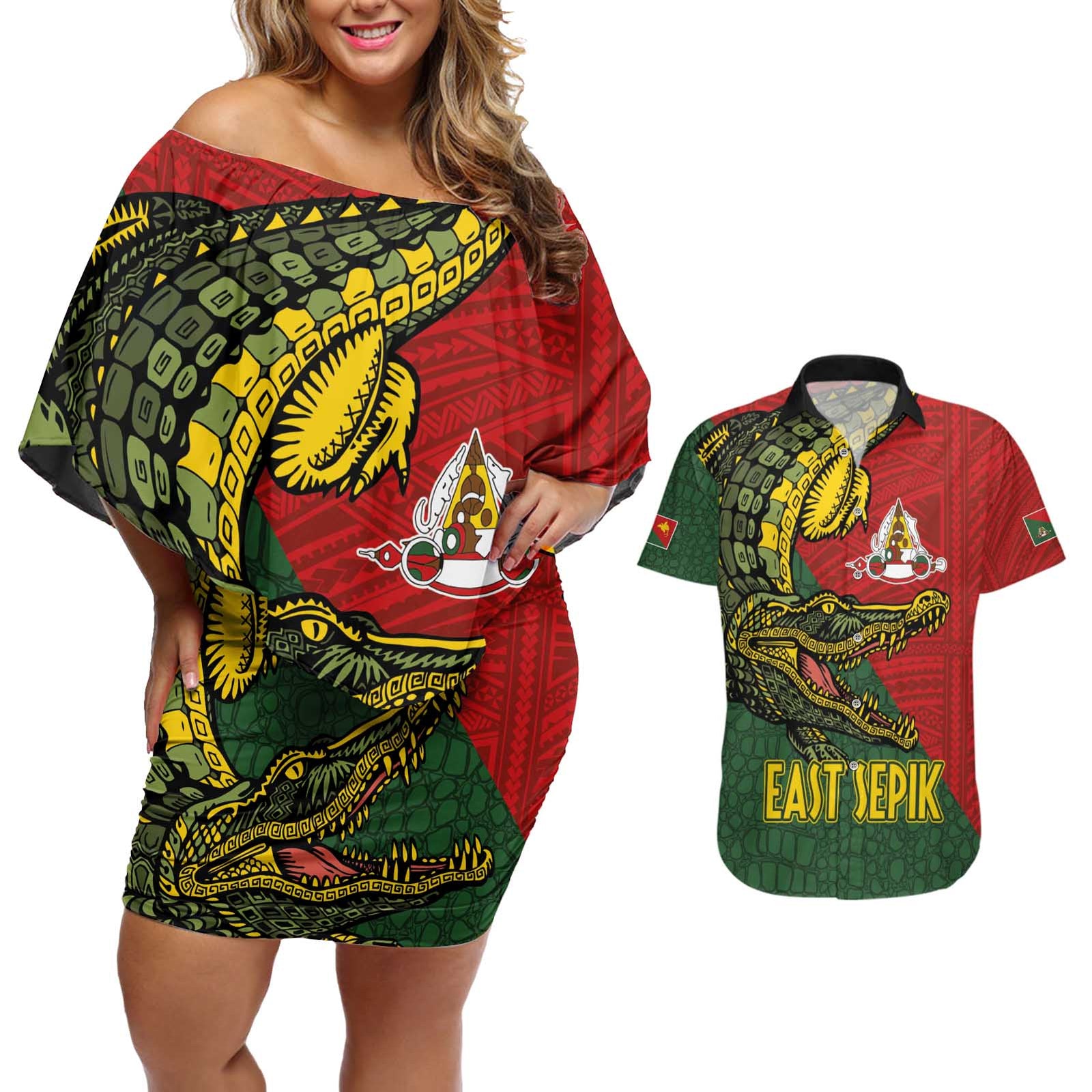 Sepik River Crocodile & Arts Festival Melanesian Pattern Couples Matching Off Shoulder Short Dress and Hawaiian Shirt