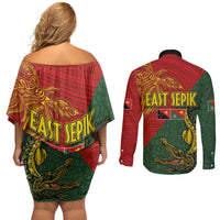 Sepik River Crocodile & Arts Festival Couples Matching Off Shoulder Short Dress and Long Sleeve Button Shirt Bird-of-paradise Melanesian Tattoo