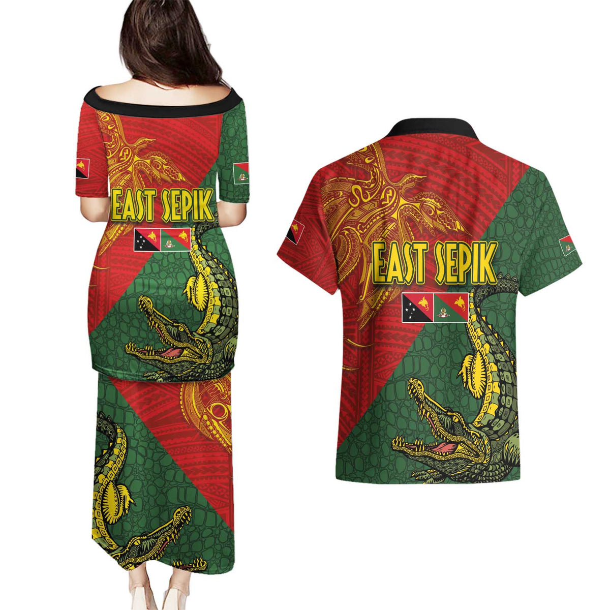 Sepik River Crocodile & Arts Festival Couples Matching Puletasi and Hawaiian Shirt Bird-of-paradise Melanesian Tattoo