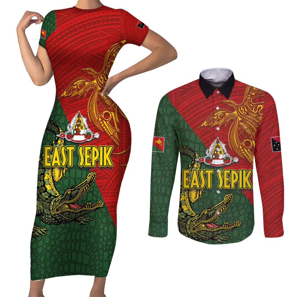 Sepik River Crocodile & Arts Festival Couples Matching Short Sleeve Bodycon Dress and Long Sleeve Button Shirt Bird-of-paradise Melanesian Tattoo