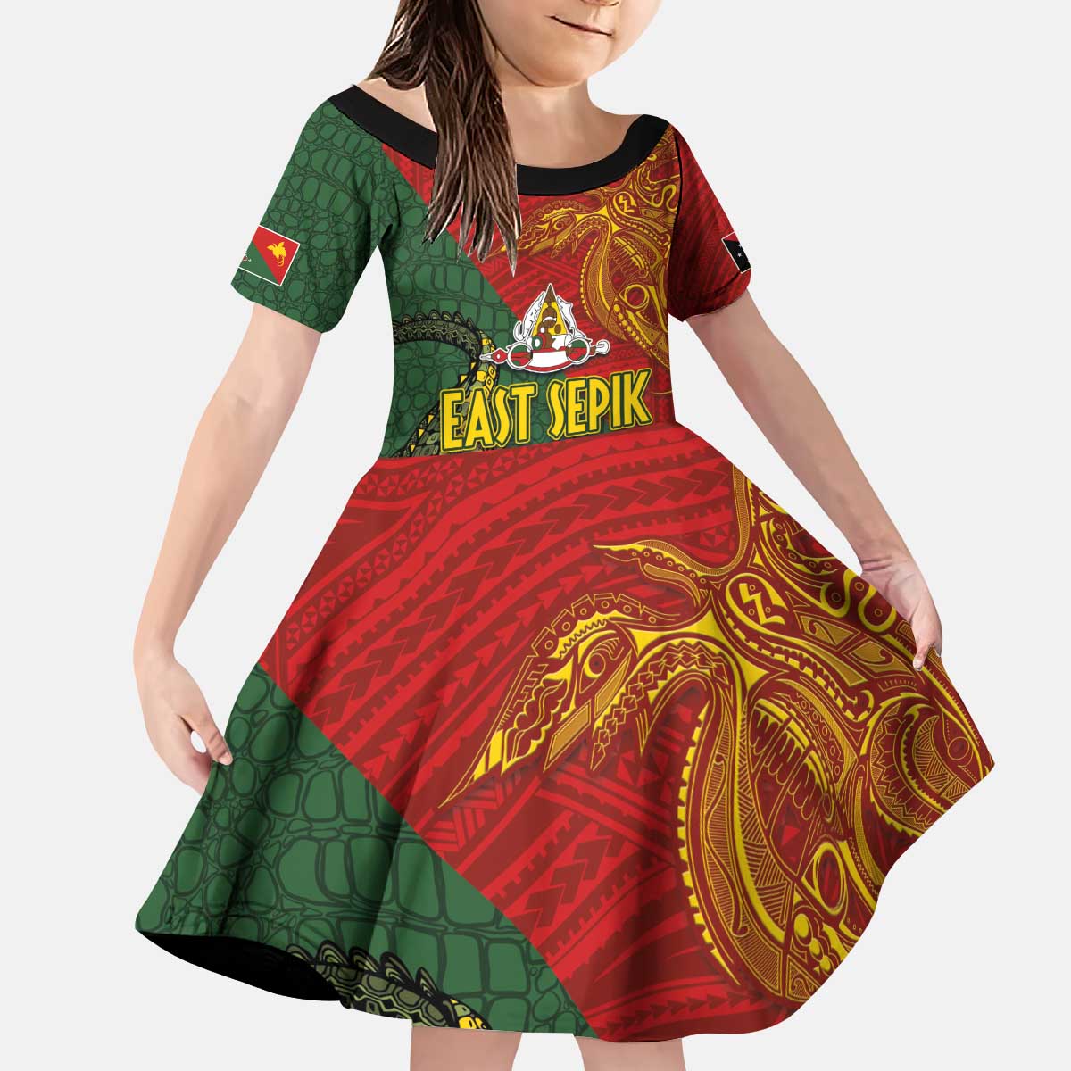 Sepik River Crocodile & Arts Festival Kid Short Sleeve Dress Bird-of-paradise Melanesian Tattoo LT03 KID Red - Polynesian Pride