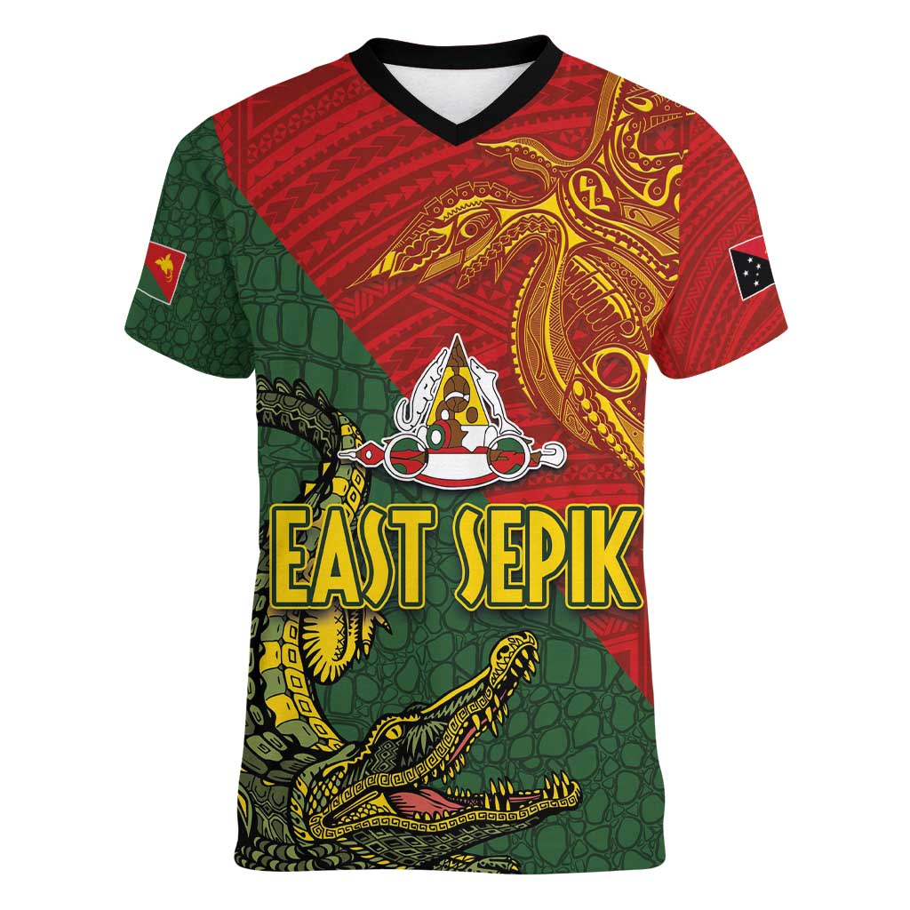 Sepik River Crocodile & Arts Festival Women V-Neck T-Shirt Bird-of-paradise Melanesian Tattoo LT03 Female Red - Polynesian Pride