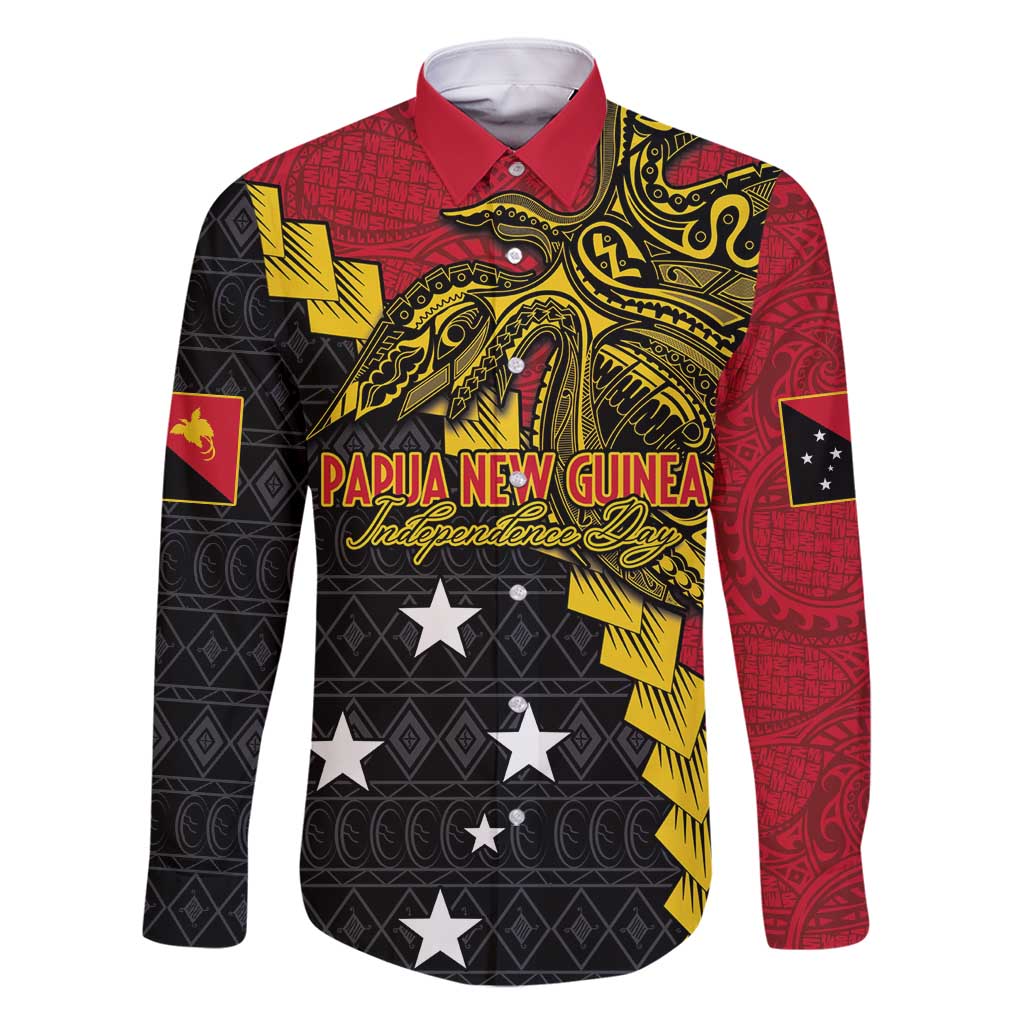 Papua New Guinea Independence Day Family Matching Mermaid Dress and Hawaiian Shirt Bird-of-paradise Melanesian Tattoo LT03 Dad's Shirt - Long Sleeve Red - Polynesian Pride