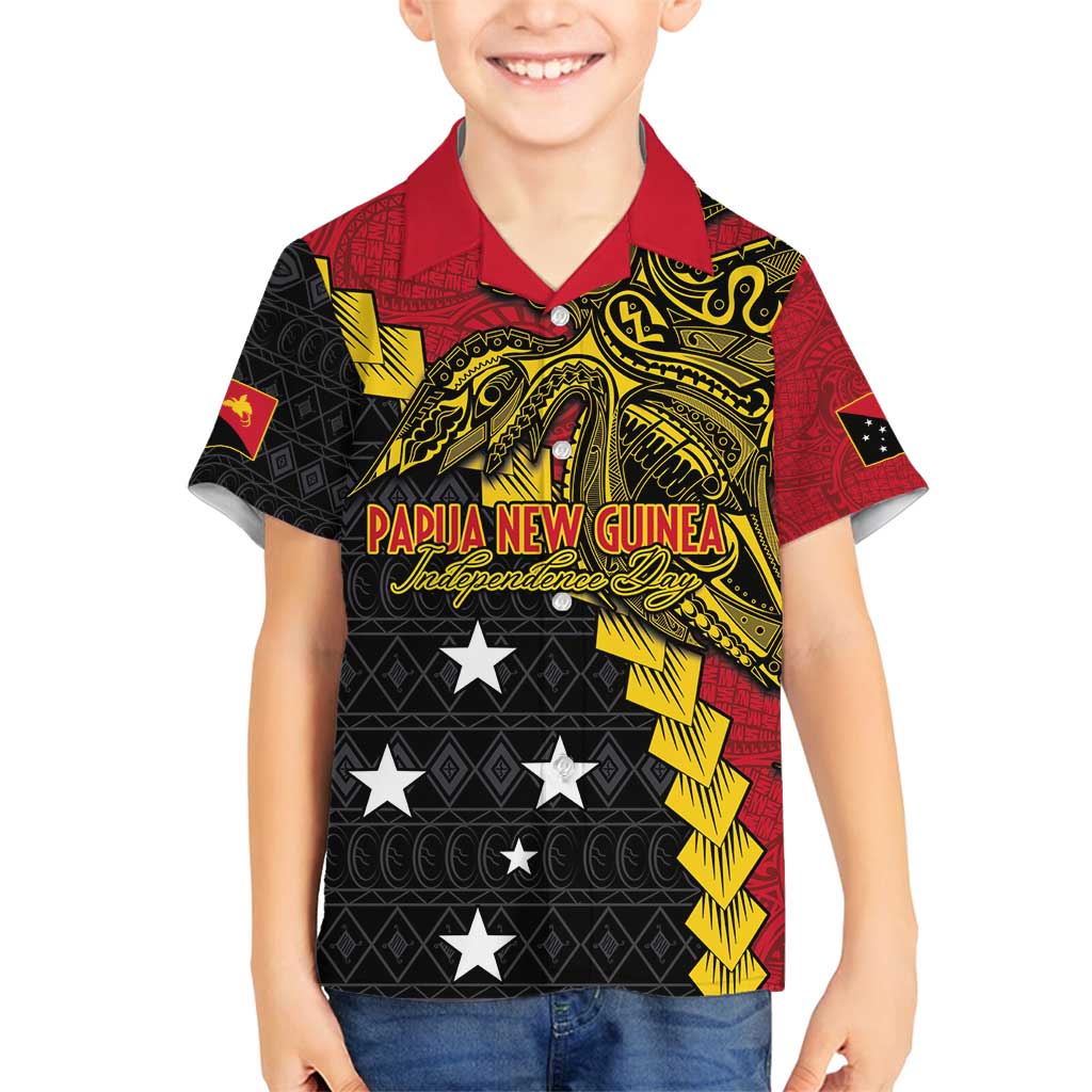 Papua New Guinea Independence Day Family Matching Off Shoulder Maxi Dress and Hawaiian Shirt Bird-of-paradise Melanesian Tattoo LT03 Son's Shirt Red - Polynesian Pride